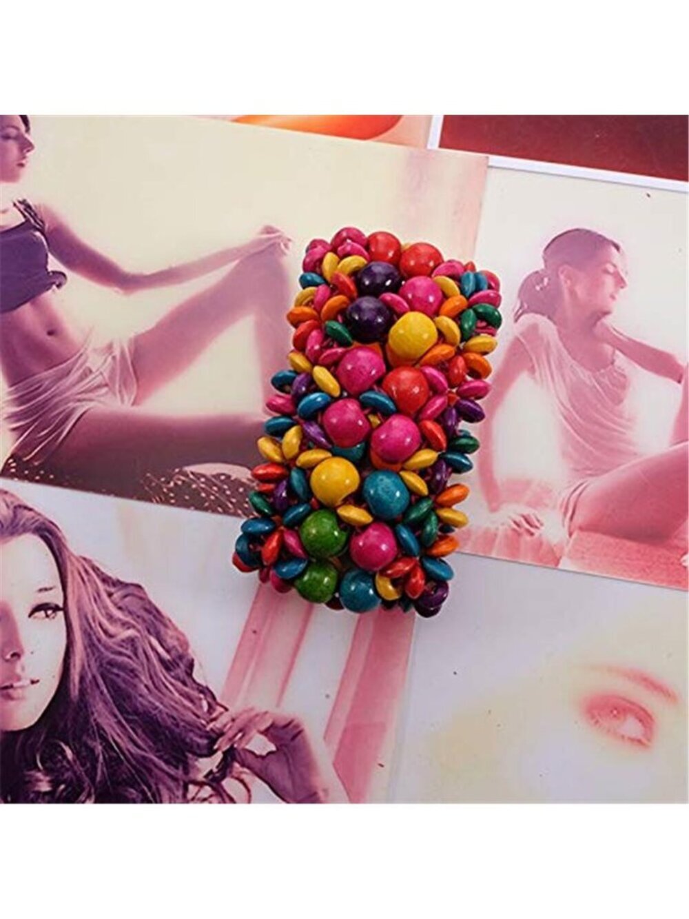 Multi-Color Wood Bead Stretch Bracelet Boho - Picture 2 of 2